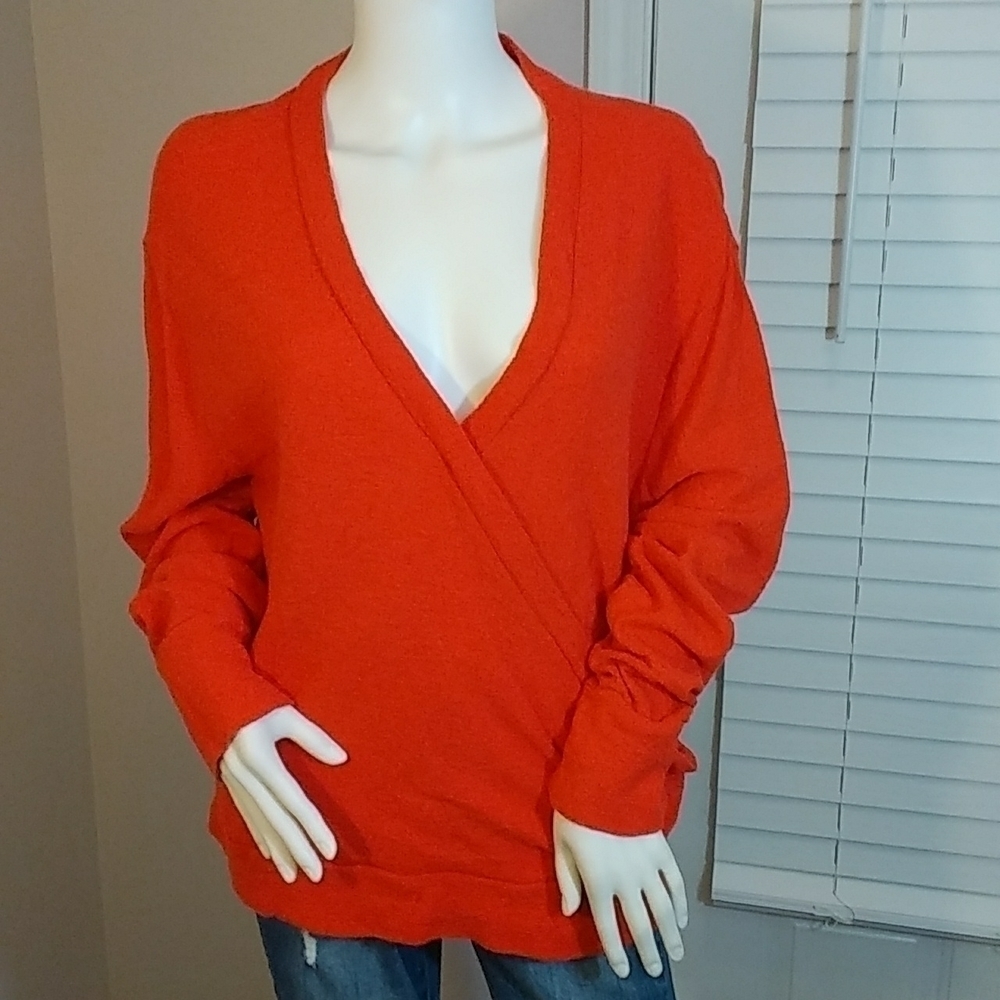 J Crew Red Women's 100% Cotton Long Sleeves V Neck Faux Wrap Blouse Size XL